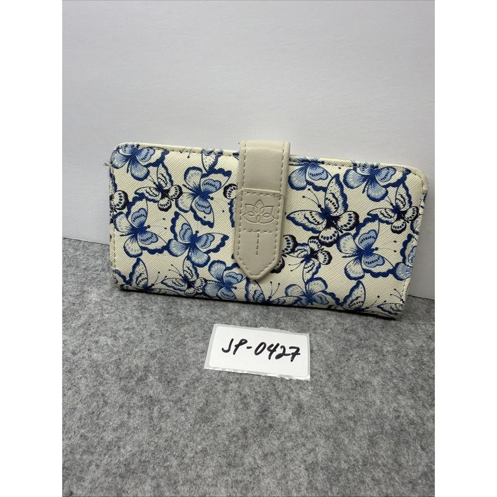 Women's Blue/White Butterfly Print Folding Wallet Wrist Strap Snap Zip Pocket